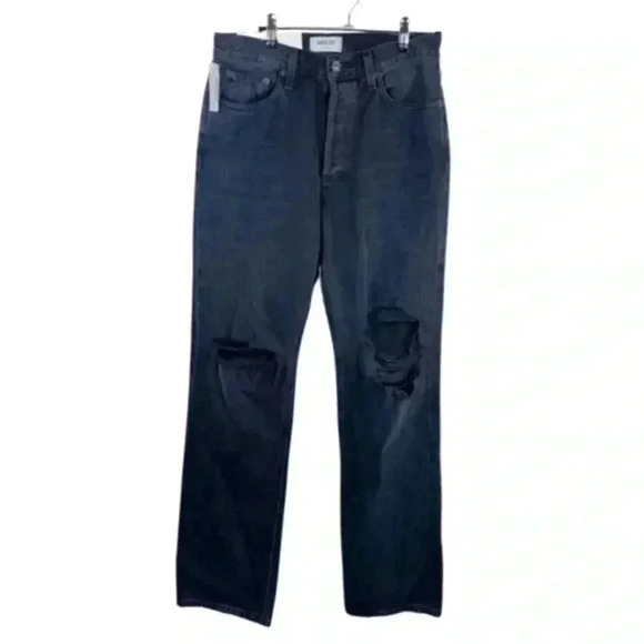 AGOLDE Black Lana Mid Rise Distressed Straight Leg Jean - Picture 2 of 12